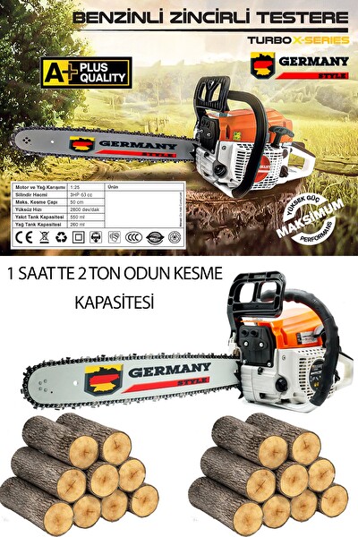 Germany Style Alman Benzinli Testere 15 Hpx 63cc Ağaç Odun Dal Kesme Makinesi Motorlu Testere Yeni Nesil Motor 38 Diş