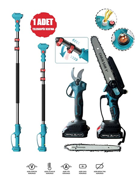 Germany Style TERA Teleskopik Uzatmalı Çift Akülü 36V 5000 Mah 2.5 Metre Yağlı Budama Testere ve Makas Seti