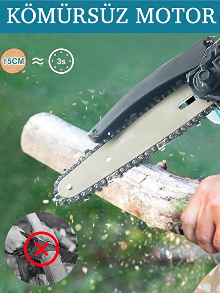 Rowermax Kömürsüz Motor Otomatik Yağlamalı Çift Pala-Zincir Akülü Ağaç Kesme Dal Budama Testeresi