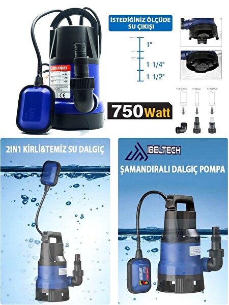 Germany Style 2in1 Kombine Dalgıç Pompa QSB750 İbeltech 750W Plastik Gövdeli Kirli ve Temiz Su Dalgıç Pompası