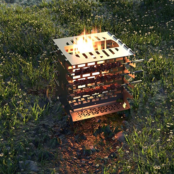 Kamp Ayısı 2 MM Galvaniz Metal GrillSpett Çift Taraflı Dikey Şiş Mangal Izgarası - 6 Şiş - Taşıma Çantalı