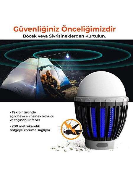 Bix Şarjlı UV LED Böcek Tuzağı 3 Kademeli Fener IPX6 Su Geçirmez Böcek Sivrisinek Kovucu Yeşil
