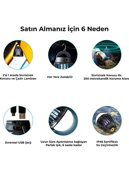 Bix Şarjlı UV LED Böcek Tuzağı 3 Kademeli Fener IPX6 Su Geçirmez Böcek Sivrisinek Kovucu Yeşil