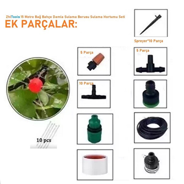 ZHL Tools 15 Metre Bağ Bahçe Damla Sulama Borusu Sulama Hortumu Seti