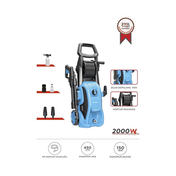 Torima HPC-01 2000W 150 Bar Oto Halı ve Bahçe Temizleme Yüksek Basınçlı Yıkama Makinesi Mavi