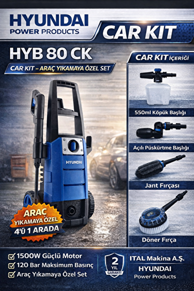Hyundai HYB80CK Basınçlı Yıkama Makinesi 1500W 120 Bar Car Kit 4’ü 1 Arada