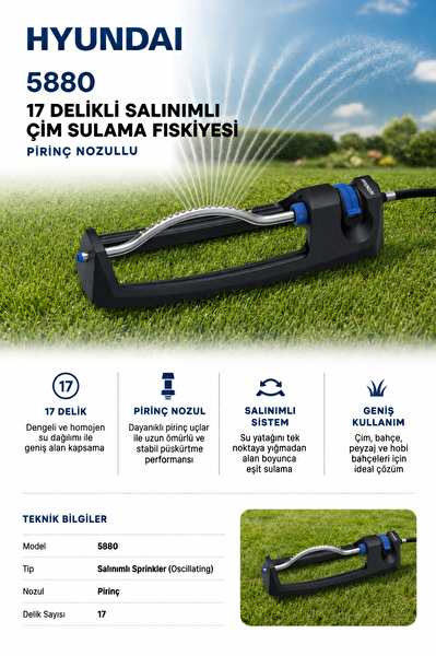 Hyundai 5880 Salınımlı Çim Sulama Fıskiyesi 17 Delik Pirinç Nozul Bahçe Sprinkler