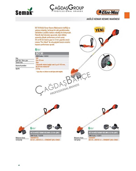Oleo-Mac BCI30 Akülü Şarjlı Kenar Kesme Tırpan 40V 2.9 KG (Akü Dahil Değildir)