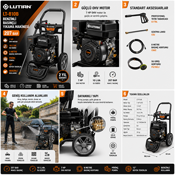 Lutian LT-810B Benzinli Basınçlı Yıkama Makinesi 207 Bar 7 HP Profesyonel Yıkama Makinası
