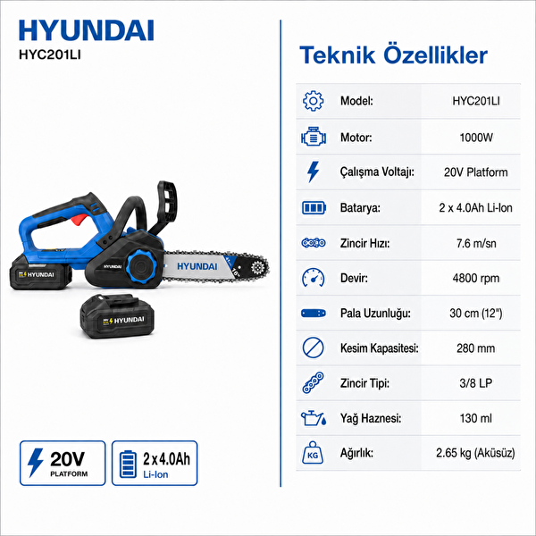 Hyundai HYC201LI 20V 2x4.0Ah Bataryalı 12