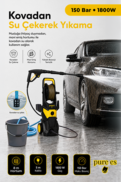 Pure Es Orijinal 150 Bar 1800W Kovadan Su Çekme ve Musluk Bağlantılı Köpük Aparatlı Basınçlı Yıkama Makinesi