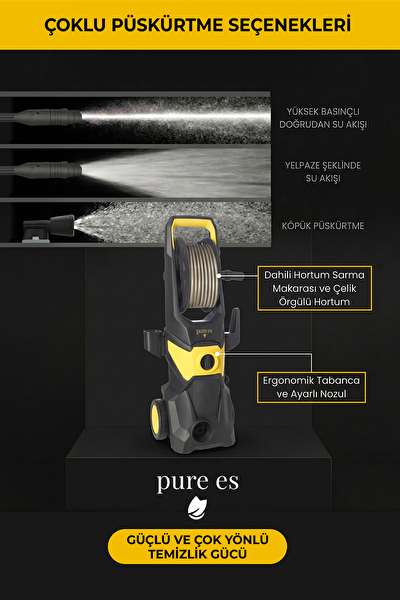 Pure Es Orijinal 150 Bar 1800W Kovadan Su Çekme ve Musluk Bağlantılı Köpük Aparatlı Basınçlı Yıkama Makinesi