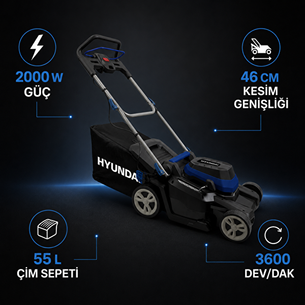 Hyundai C4608A 2000W 46 CM 55 L İtmeli Elektrikli Çim Biçme Makinesi