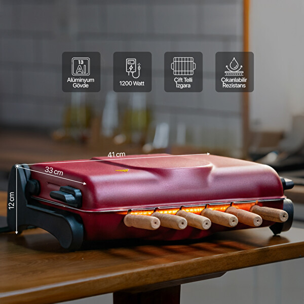 Akel AB670 1200W Kırmızı Elektrikli Izgara Kokusuz Dumansız 6 Krom-Nikel Kaplama Şiş Mangal Barbekü