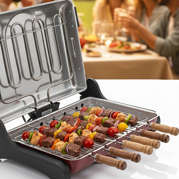 Akel AB670 1200W Kırmızı Elektrikli Izgara Kokusuz Dumansız 6 Krom-Nikel Kaplama Şiş Mangal Barbekü