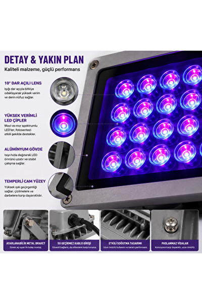 Piyatech 20W LED UV Lamba 10 Derece Lensli 180 × 140 MM Bitki Yetiştirme Projektörü