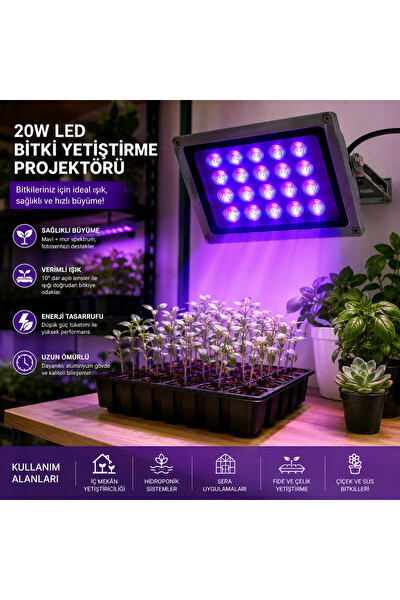 Piyatech 20W LED UV Lamba 10 Derece Lensli 180 × 140 MM Bitki Yetiştirme Projektörü