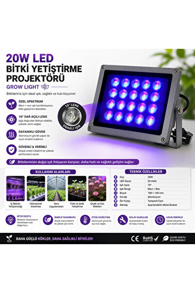Piyatech 20W LED UV Lamba 10 Derece Lensli 180 × 140 MM Bitki Yetiştirme Projektörü