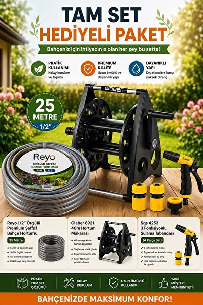 Claber 8921 40 M Hortum Makarası - 25 M Bahçe Hortumu - 3 Fonksiyonlu Sulama Tabancası Tam Set