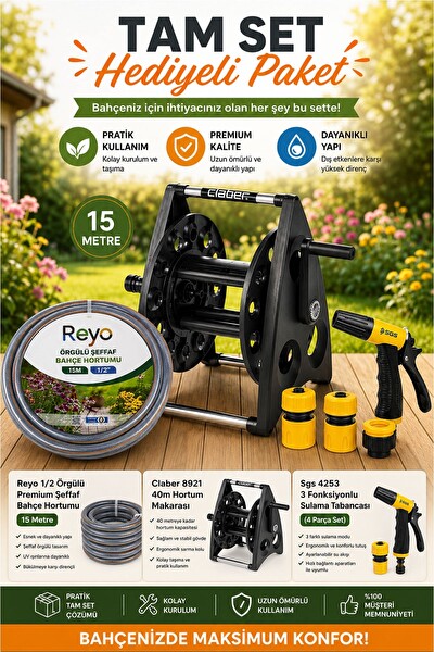 Reyo 15M Bahçe Hortumu - Claber 8921 40 M Hortum Makarası ve SGS 3 Fonksiyonlu Sulama Tabancası Tam Set