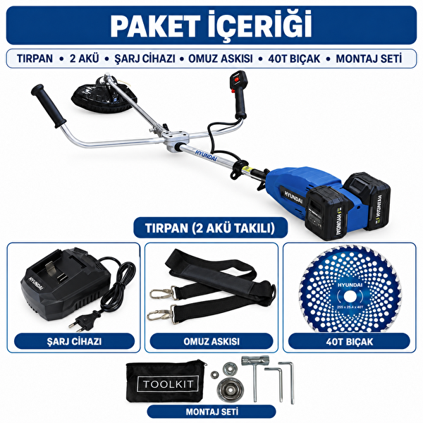 Hyundai HBC4038B 40 V 1600 W Çift Akülü 2x4 Ah 43 CM Akülü Tırpan