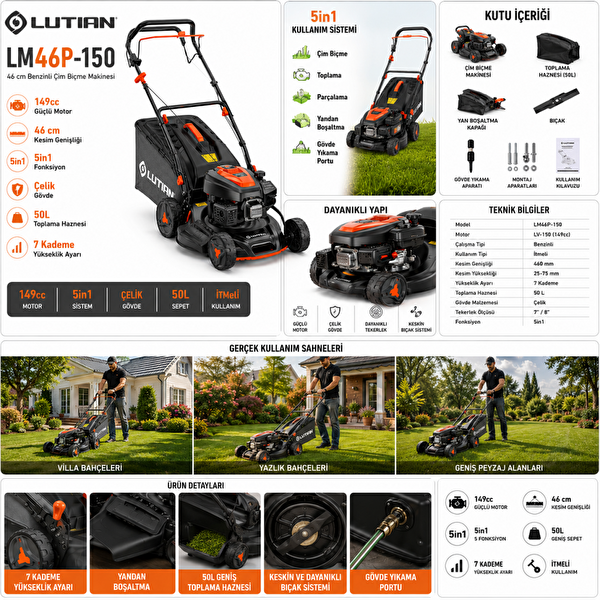 Lutian LM46P-150 46 CM 149cc İtmeli 5'i 1 Arada Benzinli Çim Biçme Makinesi