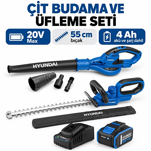 Hyundai HY20CHT + HY20CB Akülü Çit Budama ve Üfleme Seti 4 Ah Akü ve Şarj Dahil