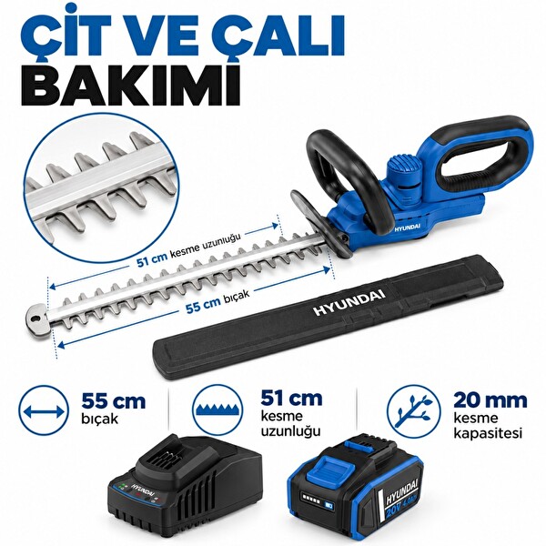 Hyundai HY20CHT 20V Max Akülü Çit Budama Seti 55 CM Bıçak 4 Ah Akü ve Şarj Dahil