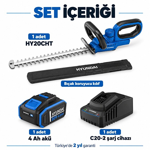 Hyundai HY20CHT 20V Max Akülü Çit Budama Seti 55 CM Bıçak 4 Ah Akü ve Şarj Dahil