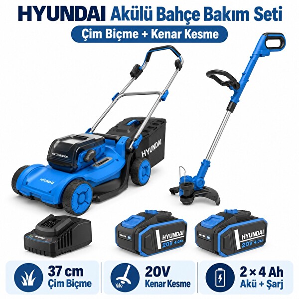 Hyundai 37 cm Akülü Çim Biçme ve Kenar Kesme Seti HY40CLM37 + HY20CGT 2x4 Ah Akü ve Şarj Dahil