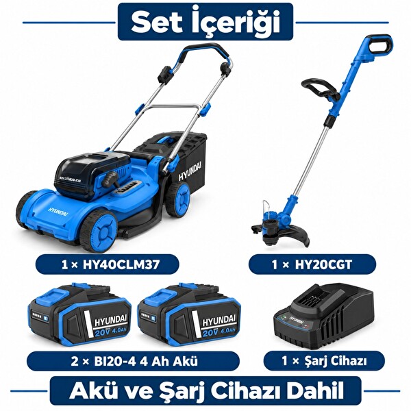 Hyundai 37 cm Akülü Çim Biçme ve Kenar Kesme Seti HY40CLM37 + HY20CGT 2x4 Ah Akü ve Şarj Dahil