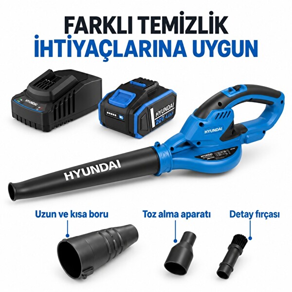 Hyundai HY20CB 20V Max Akülü Üfleme Seti 4 Ah Akü ve Şarj Dahil Temizlik Aparatlı