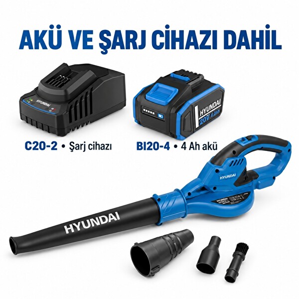 Hyundai HY20CB 20V Max Akülü Üfleme Seti 4 Ah Akü ve Şarj Dahil Temizlik Aparatlı