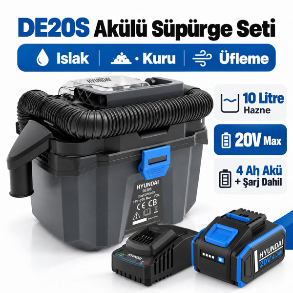 Hyundai DE20S 20V Akülü Islak Kuru Süpürge Seti 10 Litre HEPA Filtre 4 Ah Akü ve Şarj Dahil