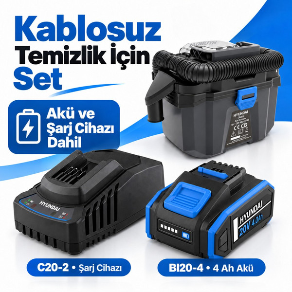 Hyundai DE20S 20V Akülü Islak Kuru Süpürge Seti 10 Litre HEPA Filtre 4 Ah Akü ve Şarj Dahil
