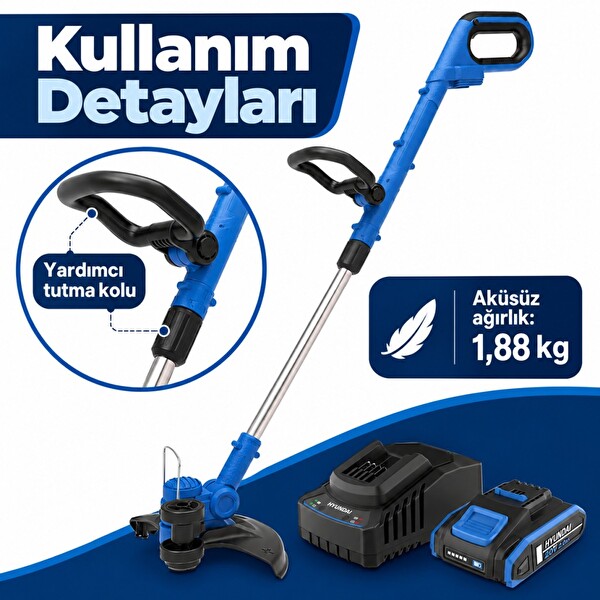 Hyundai HY20CGT 20V Akülü Ot Biçme ve Çim Kenar Kesme Seti 30 CM 2Ah Akü ve Şarj Dahil