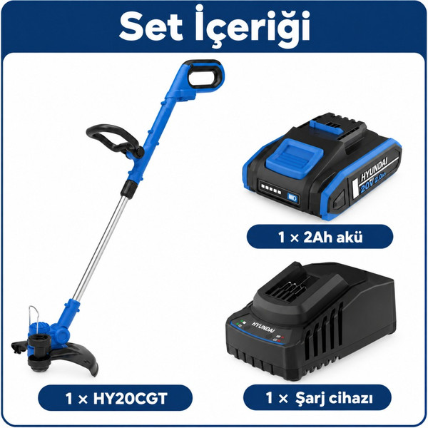 Hyundai HY20CGT 20V Akülü Ot Biçme ve Çim Kenar Kesme Seti 30 CM 2Ah Akü ve Şarj Dahil