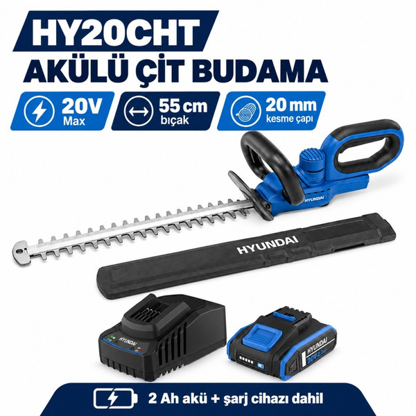 Hyundai HY20CHT 20V Akülü Çit Budama Makinesi 55 CM 2 Ah Akü ve Şarj Cihazı Dahil