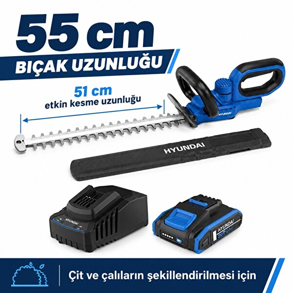 Hyundai HY20CHT 20V Akülü Çit Budama Makinesi 55 CM 2 Ah Akü ve Şarj Cihazı Dahil
