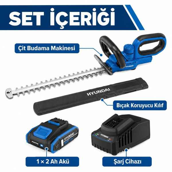 Hyundai HY20CHT 20V Akülü Çit Budama Makinesi 55 CM 2 Ah Akü ve Şarj Cihazı Dahil