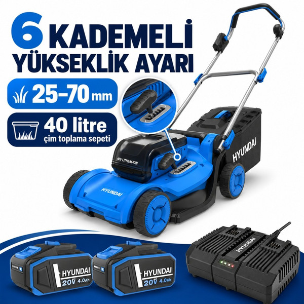 Hyundai HY40CLM37 37 CM Akülü Çim Biçme Makinesi Seti 2x4 Ah Akü ve Çift Portlu Şarj Cihazı Dahil