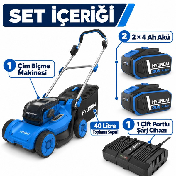 Hyundai HY40CLM37 37 CM Akülü Çim Biçme Makinesi Seti 2x4 Ah Akü ve Çift Portlu Şarj Cihazı Dahil