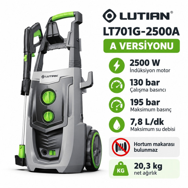 Lutian LT701G-2500A 195 Bar 2500 W İndüksiyon Motorlu Basınçlı Yıkama Makinesi