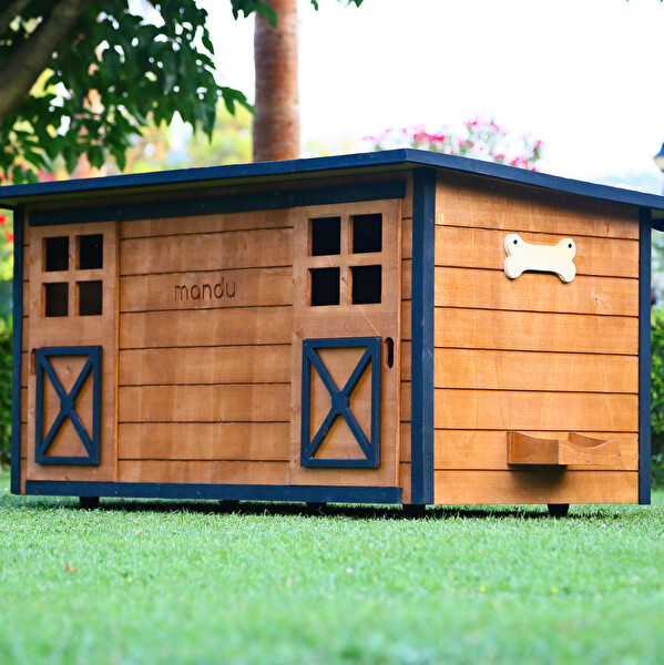 Mandu Ahşap İkiz Köpek Kulübesi (2 Yuva Tek Kulübe) - İsimlik ve Mama Kabı