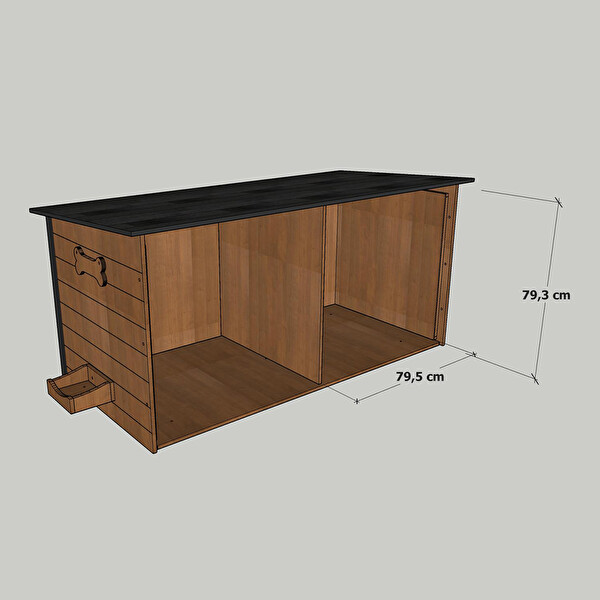 Mandu Ahşap İkiz Köpek Kulübesi (2 Yuva Tek Kulübe) - İsimlik ve Mama Kabı