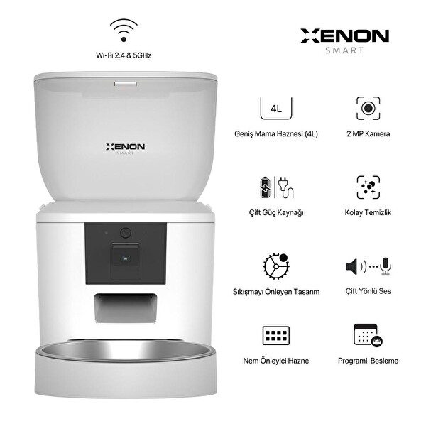 Xenon Smart Akıllı Otomatik Kedi Köpek Mama Kabı Beyaz Kameralı ve Ultra Sessiz Su Şelalesi 2'li Pet Ürünleri Seti