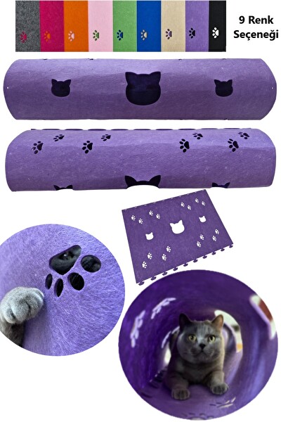 Next Craft Kedi Tüneli Oyuncağı 1. Kalite 3MM Keçeden Geçmeli 98 CM Kedi ve Pati Figürlü Mor