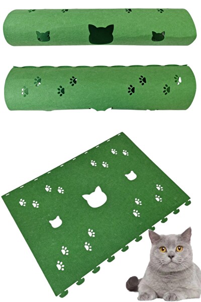 Next Craft Kedi Tüneli Oyuncağı 1. Kalite 3MM Keçeden Geçmeli 98 CM Kedi ve Pati Figürlü Yeşil