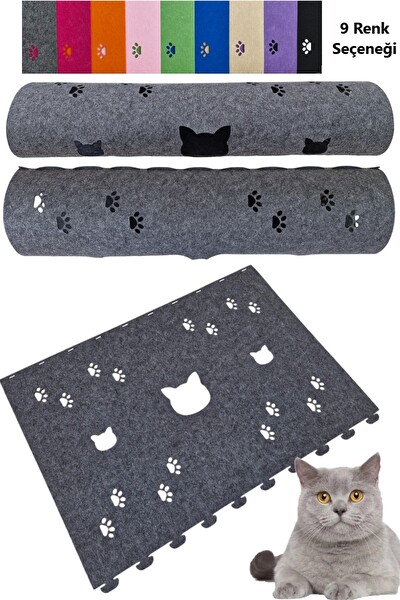 Next Craft Kedi Tüneli Oyuncağı 1. Kalite 3MM Keçeden Geçmeli 98 CM Kedi ve Pati Figürlü Gri