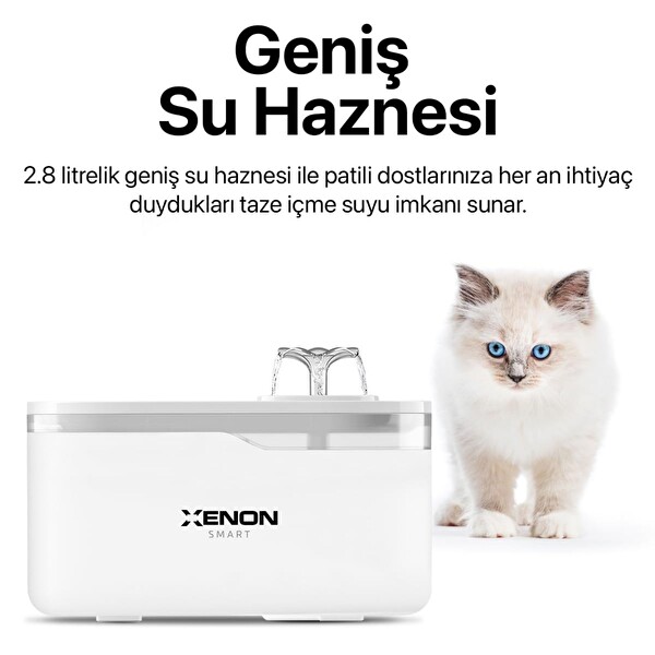 Xenon Smart Akıllı Otomatik Kedi Su Çeşmesi Geniş Hazneli Led Işıklı Su Şelalesi Ultra Sessiz Şeffaf Su Pınarı (X8650)